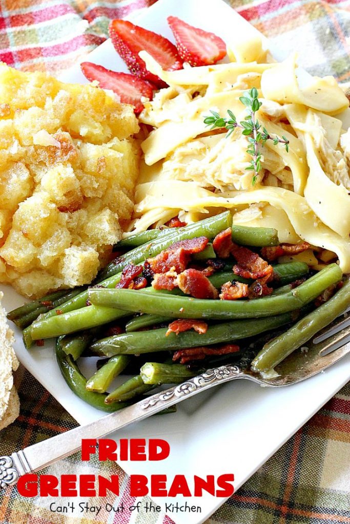Fried Green Beans | Can't Stay Out of the Kitchen | easy 4-ingredient recipe for #greenbeans that will knock your socks off! This #southern-style side dish is absolutely irresistible. #bacon #glutenfree