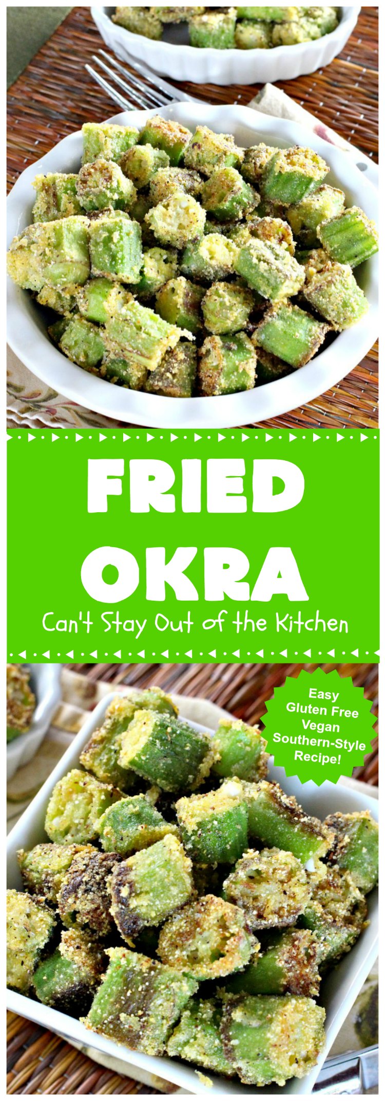 Fried Okra | Can't Stay Out of the Kitchen | this fantastic #Southern-style indulgence is a terrific side dish for steak, chicken or pork chops. This pan-fried version is #Vegan, #GlutenFree & incredibly easy. #FriedOkra #SideDish