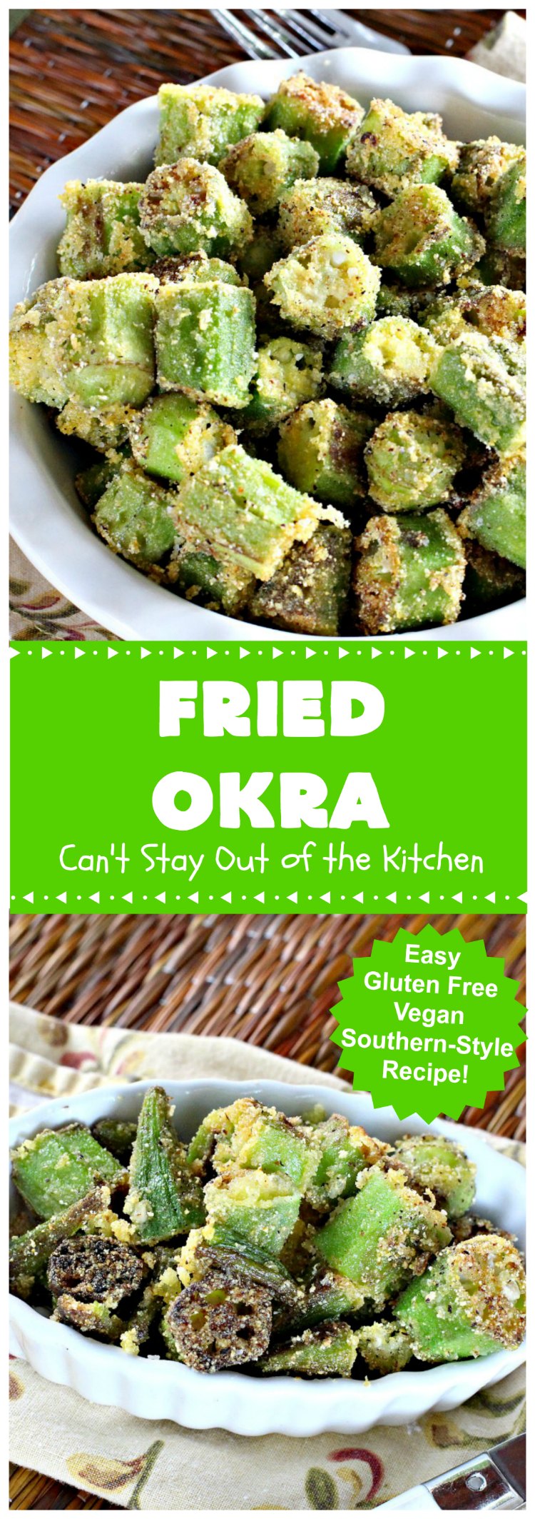 Fried Okra | Can't Stay Out of the Kitchen | this fantastic #Southern-style indulgence is a terrific side dish for steak, chicken or pork chops. This pan-fried version is #Vegan, #GlutenFree & incredibly easy. #FriedOkra #SideDish