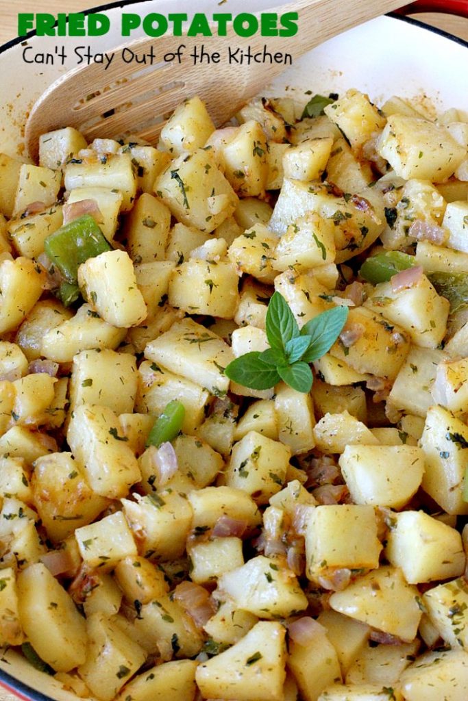 Fried Potatoes | Can't Stay Out of the Kitchen | everyone loves my Grandma's old-fashioned #recipe for #FriedPotatoes. While these #potatoes are great as a #SideDish, we usually serve them for #Breakfast. Wake your family up with this side dish for #Thanksgiving or #Christmas morning and everyone will be licking their chops. Amazing comfort food. #GlutenFree