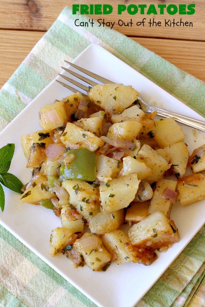 Fried Potatoes | Can't Stay Out of the Kitchen | everyone loves my Grandma's old-fashioned #recipe for #FriedPotatoes. While these #potatoes are great as a #SideDish, we usually serve them for #Breakfast. Wake your family up with this side dish for #Thanksgiving or #Christmas morning and everyone will be licking their chops. Amazing comfort food. #GlutenFree