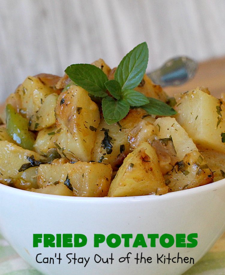 Fried Potatoes | Can't Stay Out of the Kitchen | everyone loves my Grandma's old-fashioned #recipe for #FriedPotatoes. While these #potatoes are great as a #SideDish, we usually serve them for #Breakfast. Wake your family up with this side dish for #Thanksgiving or #Christmas morning and everyone will be licking their chops. Amazing comfort food. #GlutenFree