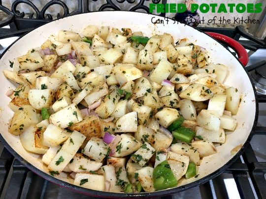 Fried Potatoes | Can't Stay Out of the Kitchen | everyone loves my Grandma's old-fashioned #recipe for #FriedPotatoes. While these #potatoes are great as a #SideDish, we usually serve them for #Breakfast. Wake your family up with this side dish for #Thanksgiving or #Christmas morning and everyone will be licking their chops. Amazing comfort food. #GlutenFree