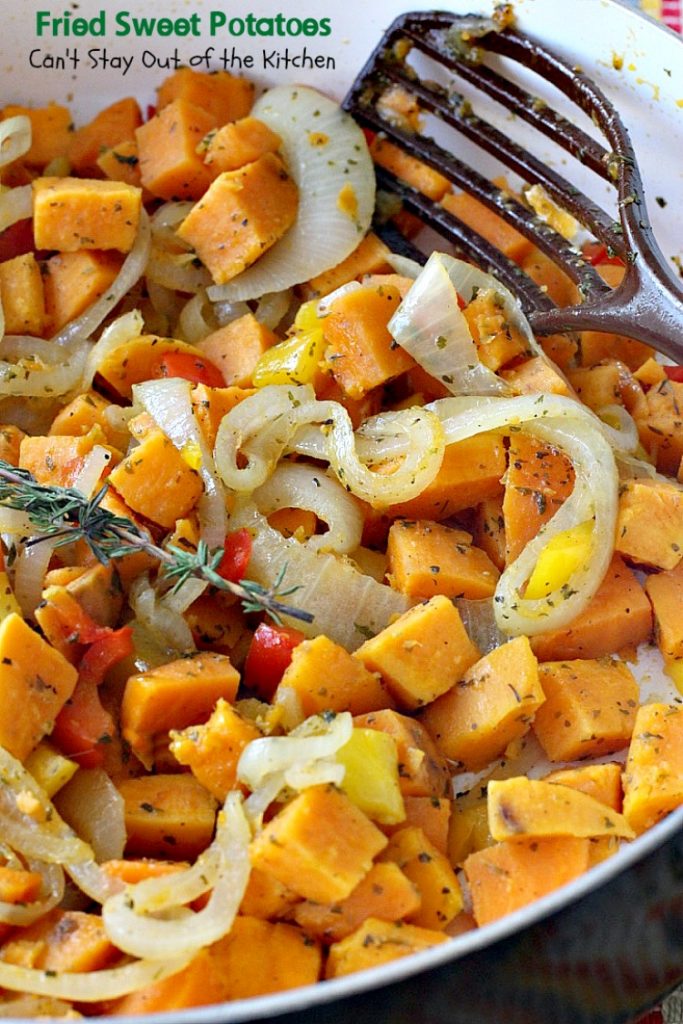 Fried Sweet Potatoes | Can't Stay Out of the Kitchen | we love this delightful savory way to prepare #sweetpotatoes. Great for #breakfast or as a side dish. Healthy, low calorie, #clean-eating, #glutenfree #vegan