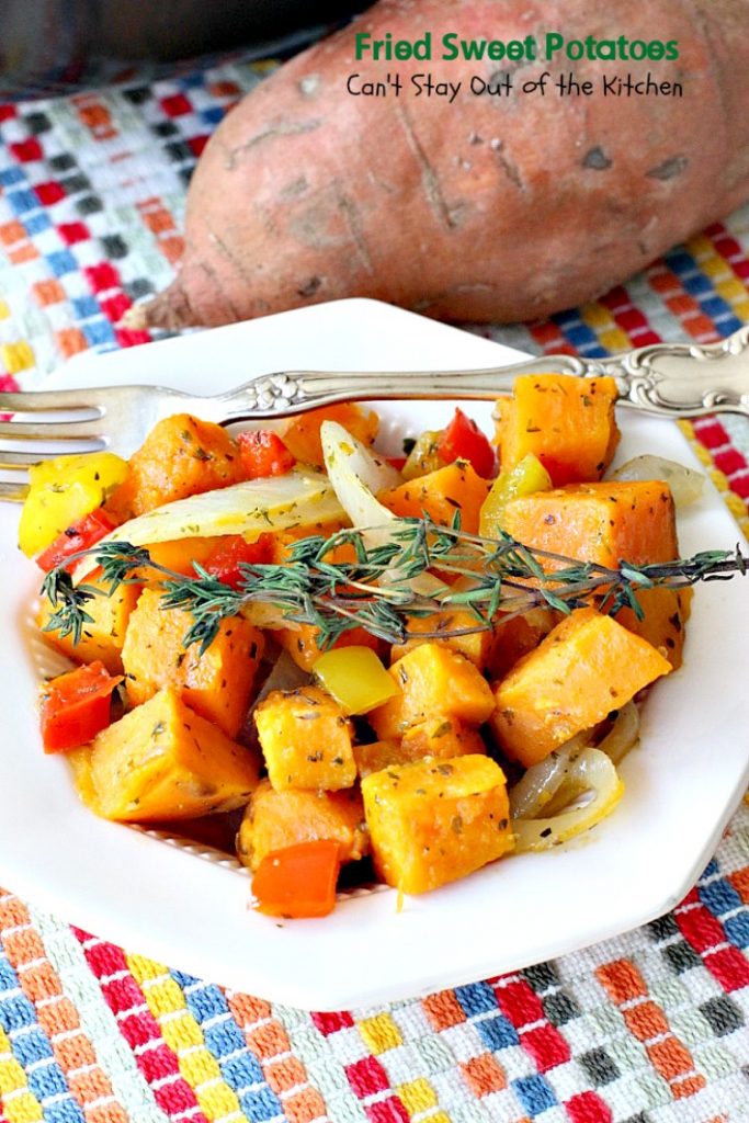 Fried Sweet Potatoes | Can't Stay Out of the Kitchen | we love this delightful savory way to prepare #sweetpotatoes. Great for #breakfast or as a side dish. Healthy, low calorie, #clean-eating, #glutenfree #vegan