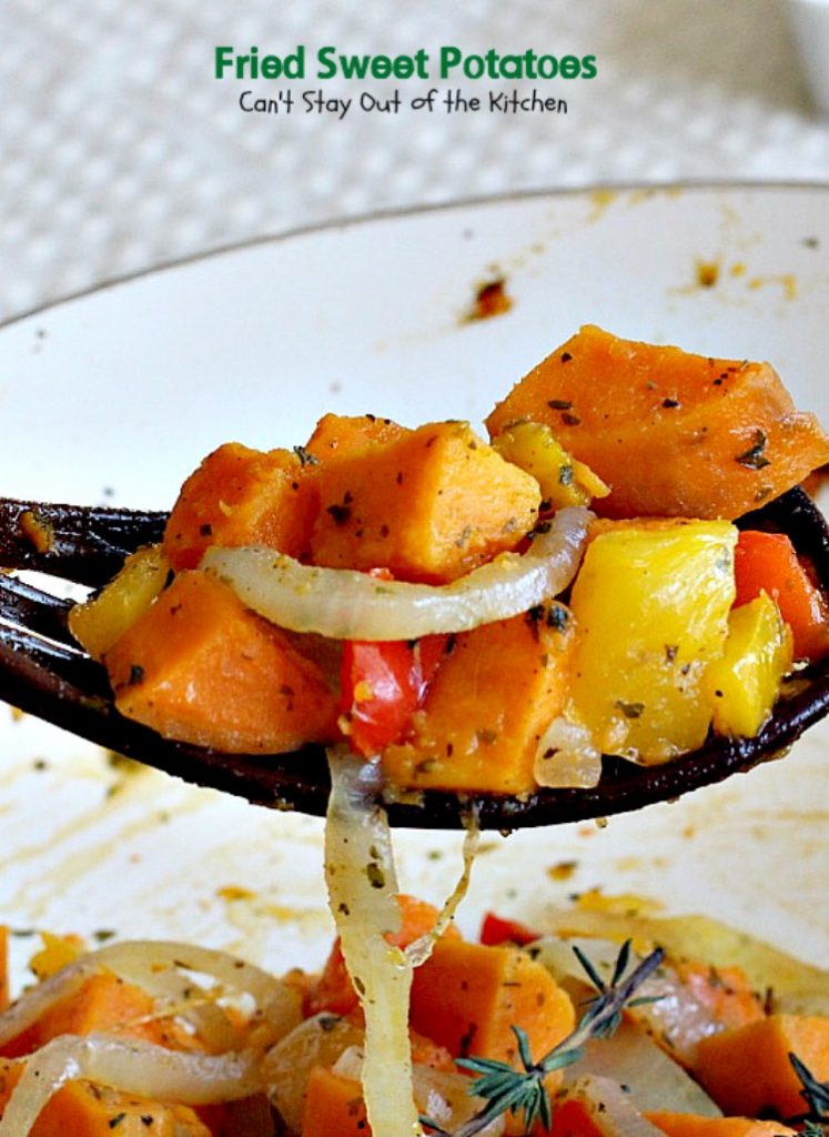 Fried Sweet Potatoes | Can't Stay Out of the Kitchen | we love this delightful savory way to prepare #sweetpotatoes. Great for #breakfast or as a side dish. Healthy, low calorie, #clean-eating, #glutenfree #vegan