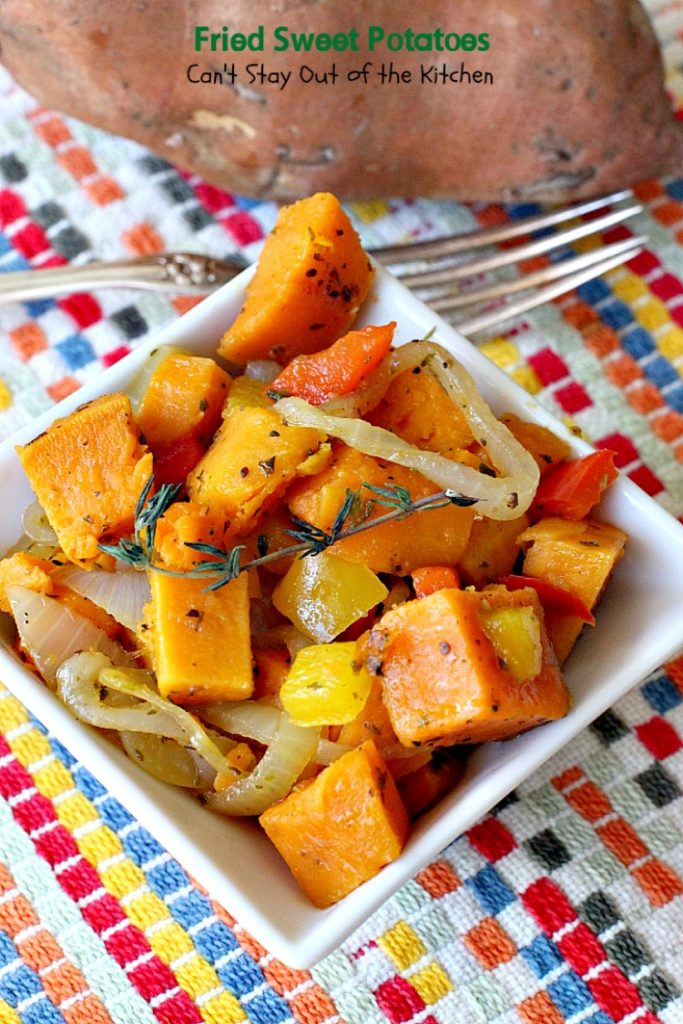 Fried Sweet Potatoes | Can't Stay Out of the Kitchen | we love this delightful savory way to prepare #sweetpotatoes. Great for #breakfast or as a side dish. Healthy, low calorie, #clean-eating, #glutenfree #vegan