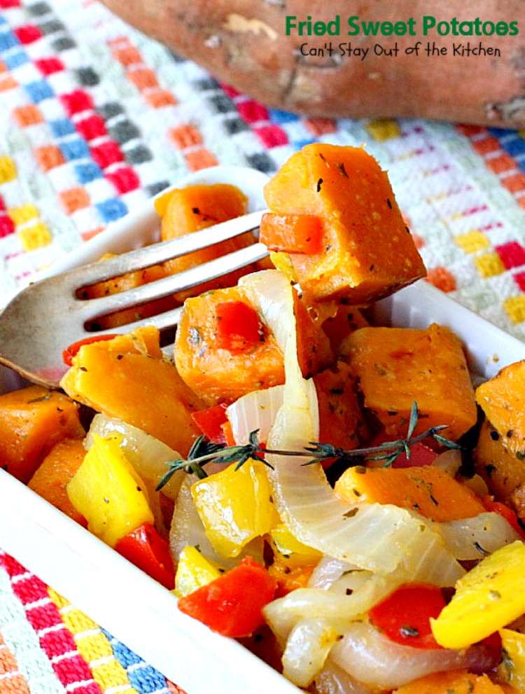 Fried Sweet Potatoes | Can't Stay Out of the Kitchen | we love this delightful savory way to prepare #sweetpotatoes. Great for #breakfast or as a side dish. Healthy, low calorie, #clean-eating, #glutenfree #vegan