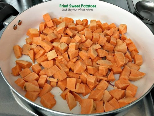 Fried Sweet Potatoes | Can't Stay Out of the Kitchen | we love this delightful savory way to prepare #sweetpotatoes. Great for #breakfast or as a side dish. Healthy, low calorie, #clean-eating, #glutenfree #vegan