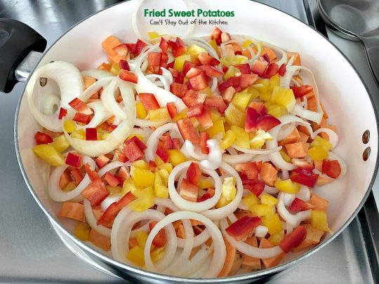 Fried Sweet Potatoes | Can't Stay Out of the Kitchen | we love this delightful savory way to prepare #sweetpotatoes. Great for #breakfast or as a side dish. Healthy, low calorie, #clean-eating, #glutenfree #vegan