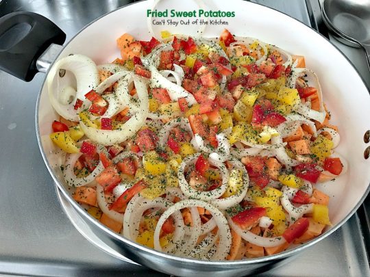 Fried Sweet Potatoes | Can't Stay Out of the Kitchen | we love this delightful savory way to prepare #sweetpotatoes. Great for #breakfast or as a side dish. Healthy, low calorie, #clean-eating, #glutenfree #vegan