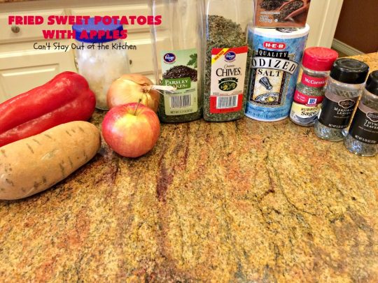 Fried Sweet Potatoes with Apples | Can't Stay Out of the Kitchen | Wake your family up to this scrumptious #breakfast entree for #Christmas & other #holidays! The flavors are savory, mouthwatering & irresistible. Perfect comfort food & it's #healthy, #GlutenFree #Vegan & #CleanEating. #SweetPotatoes #Apples #Holiday #FriedSweetPotatoesWithApples #brunch #HolidaySideDish #HolidayBreakfast
