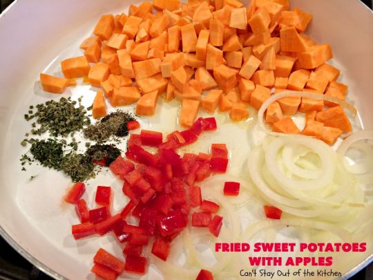 Fried Sweet Potatoes with Apples | Can't Stay Out of the Kitchen | Wake your family up to this scrumptious #breakfast entree for #Christmas & other #holidays! The flavors are savory, mouthwatering & irresistible. Perfect comfort food & it's #healthy, #GlutenFree #Vegan & #CleanEating. #SweetPotatoes #Apples #Holiday #FriedSweetPotatoesWithApples #brunch #HolidaySideDish #HolidayBreakfast