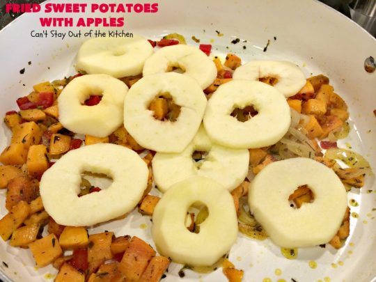 Fried Sweet Potatoes with Apples | Can't Stay Out of the Kitchen | Wake your family up to this scrumptious #breakfast entree for #Christmas & other #holidays! The flavors are savory, mouthwatering & irresistible. Perfect comfort food & it's #healthy, #GlutenFree #Vegan & #CleanEating. #SweetPotatoes #Apples #Holiday #FriedSweetPotatoesWithApples #brunch #HolidaySideDish #HolidayBreakfast