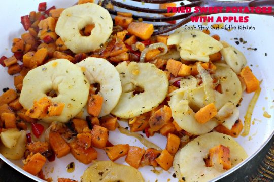 Fried Sweet Potatoes with Apples | Can't Stay Out of the Kitchen | Wake your family up to this scrumptious #breakfast entree for #Christmas & other #holidays! The flavors are savory, mouthwatering & irresistible. Perfect comfort food & it's #healthy, #GlutenFree #Vegan & #CleanEating. #SweetPotatoes #Apples #Holiday #FriedSweetPotatoesWithApples #brunch #HolidaySideDish #HolidayBreakfast