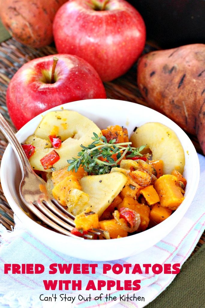 Fried Sweet Potatoes with Apples | Can't Stay Out of the Kitchen | Wake your family up to this scrumptious #breakfast entree for #Christmas & other #holidays! The flavors are savory, mouthwatering & irresistible. Perfect comfort food & it's #healthy, #GlutenFree #Vegan & #CleanEating. #SweetPotatoes #Apples #Holiday #FriedSweetPotatoesWithApples #brunch #HolidaySideDish #HolidayBreakfast