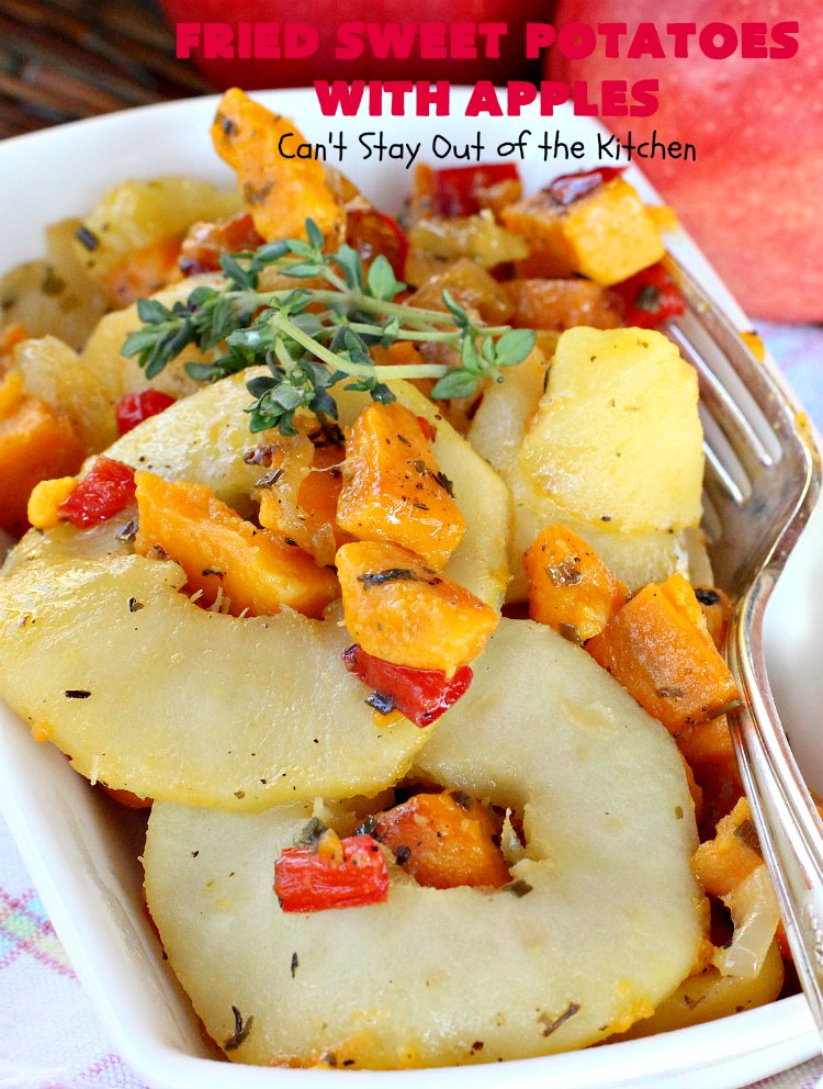 Fried Sweet Potatoes with Apples | Can't Stay Out of the Kitchen | Wake your family up to this scrumptious #breakfast entree for #Christmas & other #holidays! The flavors are savory, mouthwatering & irresistible. Perfect comfort food & it's #healthy, #GlutenFree #Vegan & #CleanEating. #SweetPotatoes #Apples #Holiday #FriedSweetPotatoesWithApples #brunch #HolidaySideDish #HolidayBreakfast