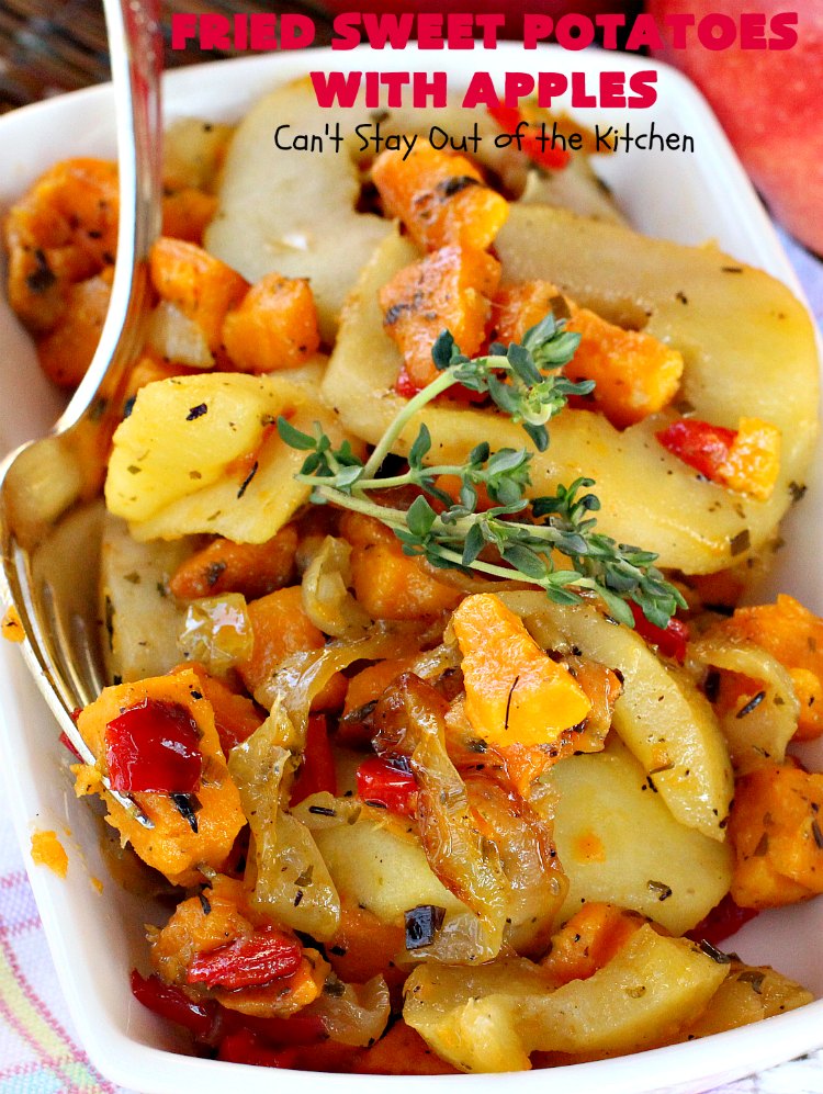 Fried Sweet Potatoes with Apples | Can't Stay Out of the Kitchen | Wake your family up to this scrumptious #breakfast entree for #Christmas & other #holidays! The flavors are savory, mouthwatering & irresistible. Perfect comfort food & it's #healthy, #GlutenFree #Vegan & #CleanEating. #SweetPotatoes #Apples #Holiday #FriedSweetPotatoesWithApples #brunch #HolidaySideDish #HolidayBreakfast