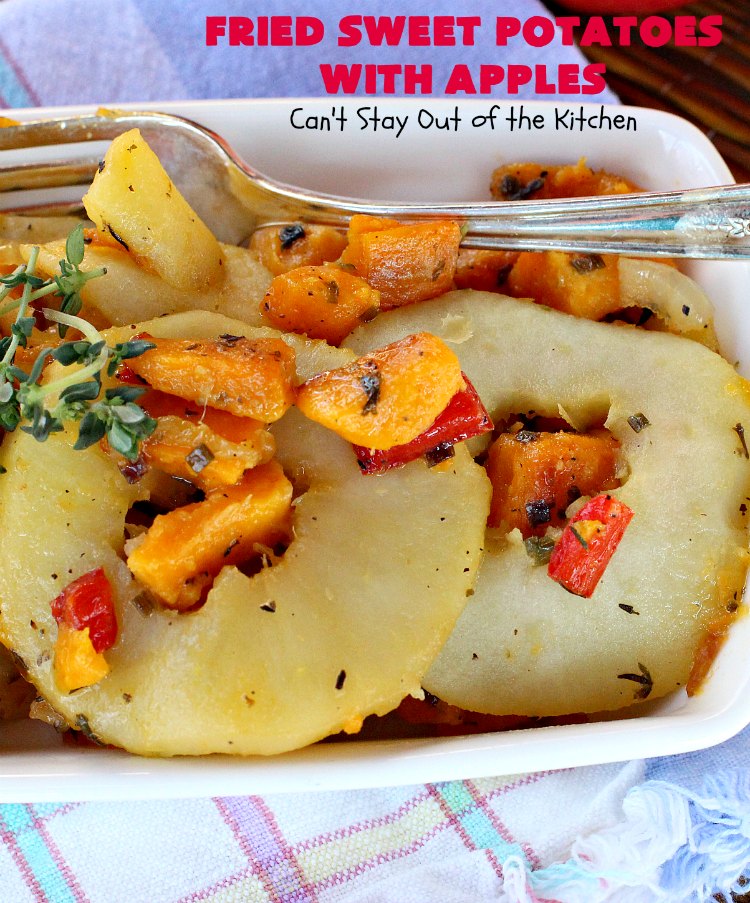 Fried Sweet Potatoes with Apples | Can't Stay Out of the Kitchen | Wake your family up to this scrumptious #breakfast entree for #Christmas & other #holidays! The flavors are savory, mouthwatering & irresistible. Perfect comfort food & it's #healthy, #GlutenFree #Vegan & #CleanEating. #SweetPotatoes #Apples #Holiday #FriedSweetPotatoesWithApples #brunch #HolidaySideDish #HolidayBreakfast