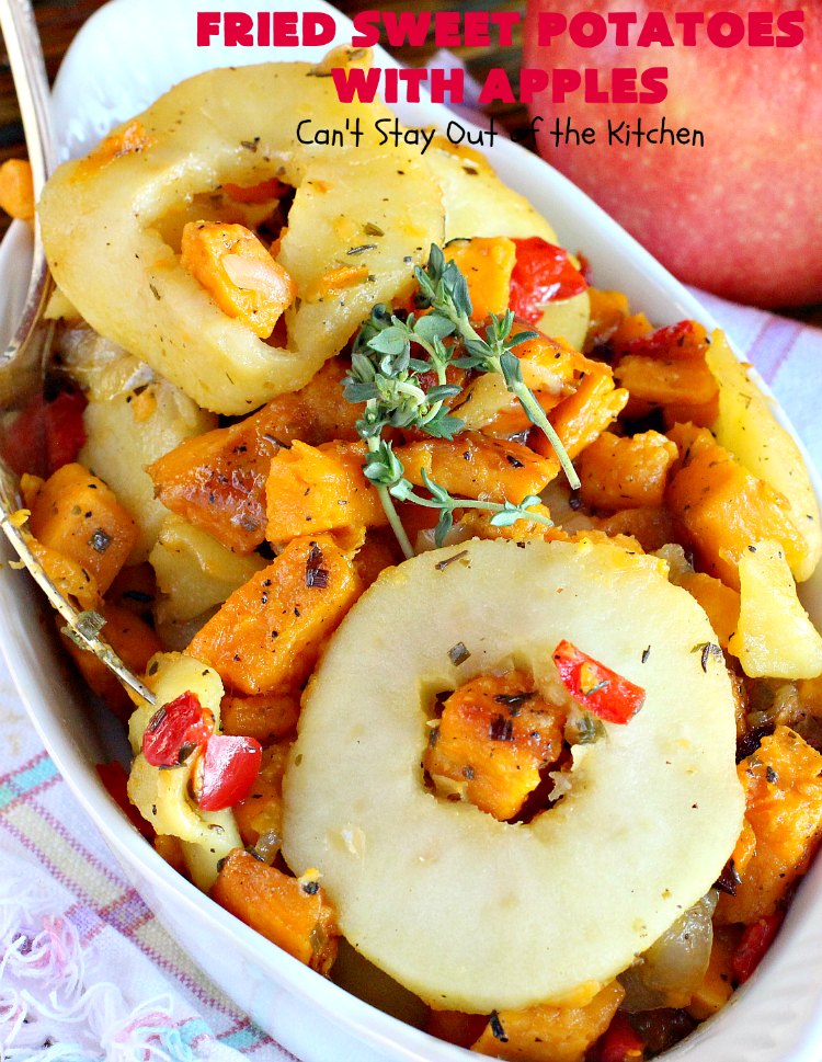 Fried Sweet Potatoes with Apples | Can't Stay Out of the Kitchen | Wake your family up to this scrumptious #breakfast entree for #Christmas & other #holidays! The flavors are savory, mouthwatering & irresistible. Perfect comfort food & it's #healthy, #GlutenFree #Vegan & #CleanEating. #SweetPotatoes #Apples #Holiday #FriedSweetPotatoesWithApples #brunch #HolidaySideDish #HolidayBreakfast