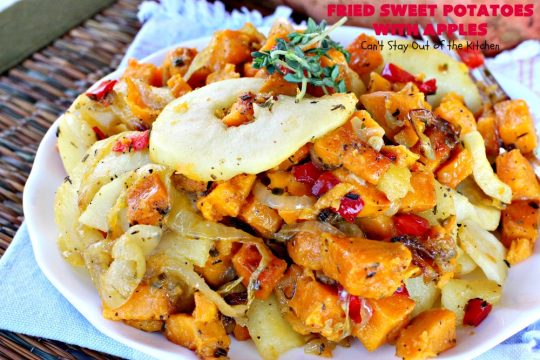 Fried Sweet Potatoes with Apples | Can't Stay Out of the Kitchen | Wake your family up to this scrumptious #breakfast entree for #Christmas & other #holidays! The flavors are savory, mouthwatering & irresistible. Perfect comfort food & it's #healthy, #GlutenFree #Vegan & #CleanEating. #SweetPotatoes #Apples #Holiday #FriedSweetPotatoesWithApples #brunch #HolidaySideDish #HolidayBreakfast