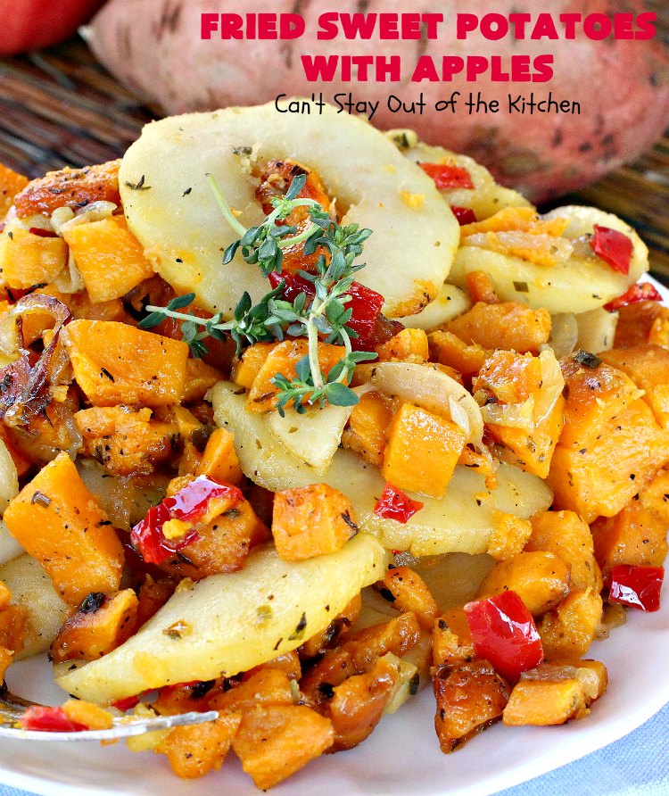 Fried Sweet Potatoes with Apples | Can't Stay Out of the Kitchen | Wake your family up to this scrumptious #breakfast entree for #Christmas & other #holidays! The flavors are savory, mouthwatering & irresistible. Perfect comfort food & it's #healthy, #GlutenFree #Vegan & #CleanEating. #SweetPotatoes #Apples #Holiday #FriedSweetPotatoesWithApples #brunch #HolidaySideDish #HolidayBreakfast