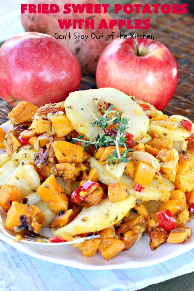 Fried Sweet Potatoes with Apples | Can't Stay Out of the Kitchen | Wake your family up to this scrumptious #breakfast entree for #Christmas & other #holidays! The flavors are savory, mouthwatering & irresistible. Perfect comfort food & it's #healthy, #GlutenFree #Vegan & #CleanEating. #SweetPotatoes #Apples #Holiday #FriedSweetPotatoesWithApples #brunch #HolidaySideDish #HolidayBreakfast