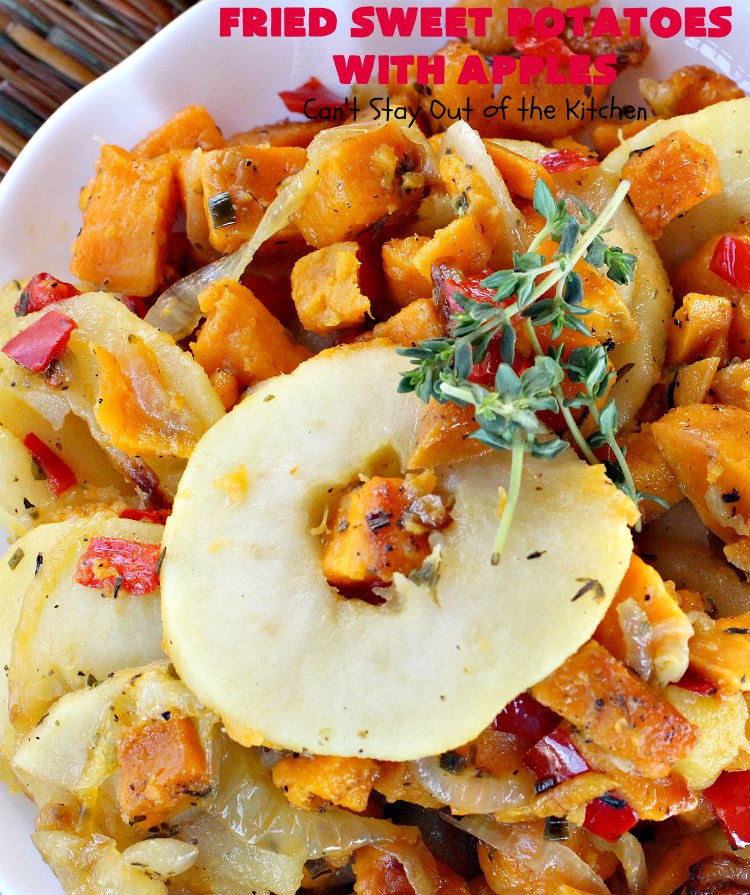 Fried Sweet Potatoes with Apples | Can't Stay Out of the Kitchen | Wake your family up to this scrumptious #breakfast entree for #Christmas & other #holidays! The flavors are savory, mouthwatering & irresistible. Perfect comfort food & it's #healthy, #GlutenFree #Vegan & #CleanEating. #SweetPotatoes #Apples #Holiday #FriedSweetPotatoesWithApples #brunch #HolidaySideDish #HolidayBreakfast