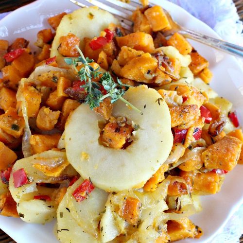 Fried Sweet Potatoes with Apples | Can't Stay Out of the Kitchen | Wake your family up to this scrumptious #breakfast entree for #Christmas & other #holidays! The flavors are savory, mouthwatering & irresistible. Perfect comfort food & it's #healthy, #GlutenFree #Vegan & #CleanEating. #SweetPotatoes #Apples #Holiday #FriedSweetPotatoesWithApples #brunch #HolidaySideDish #HolidayBreakfast