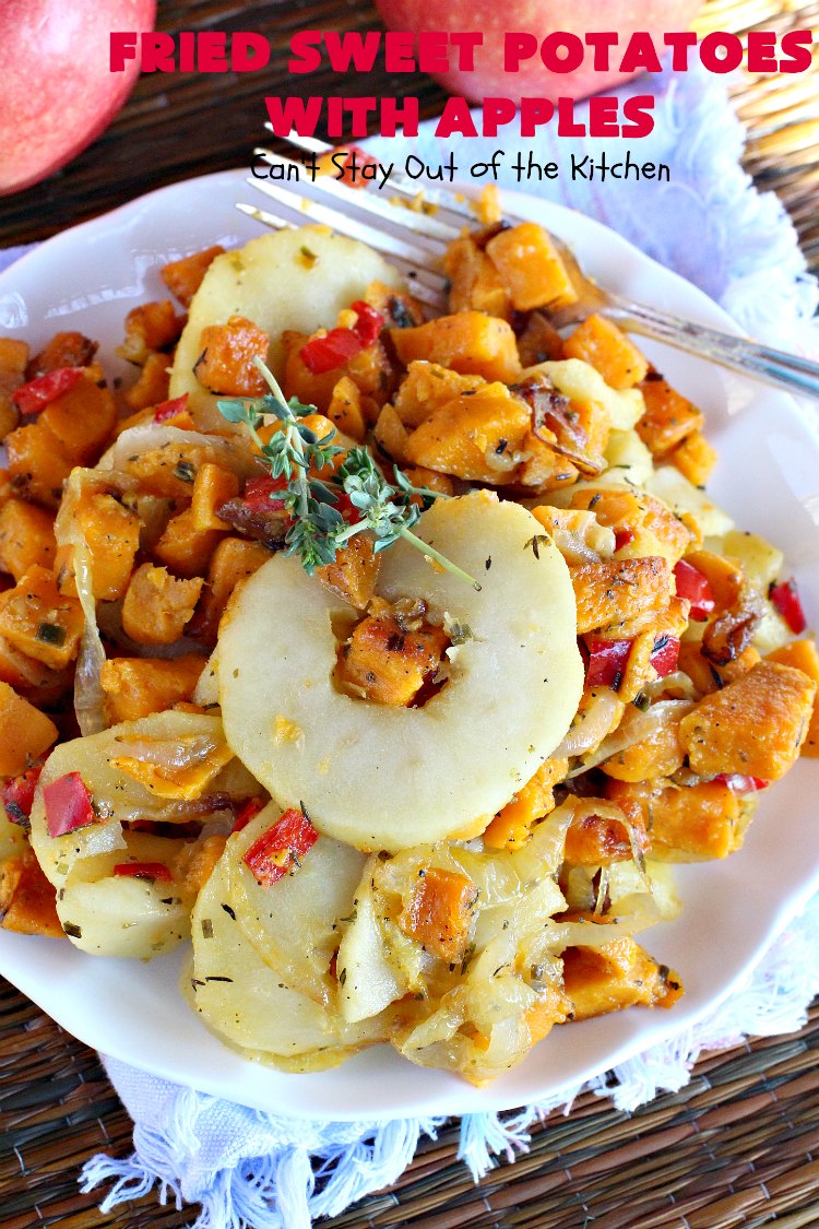 Fried Sweet Potatoes with Apples | Can't Stay Out of the Kitchen | Wake your family up to this scrumptious #breakfast entree for #Christmas & other #holidays! The flavors are savory, mouthwatering & irresistible. Perfect comfort food & it's #healthy, #GlutenFree #Vegan & #CleanEating. #SweetPotatoes #Apples #Holiday #FriedSweetPotatoesWithApples #brunch #HolidaySideDish #HolidayBreakfast