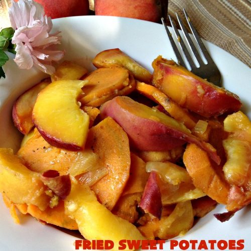 Fried Sweet Potatoes with Bacon and Peaches | Can't Stay Out of the Kitchen | this is a fantastic way to serve #SweetPotatoes for #breakfast! But it's also a great side dish. Of course, everything's always better with #bacon! #peaches #EasySideDish #GlutenFree #FriedSweetPotatoesWithBaconAndPeaches #5IngredientSideDish #5IngredientRecipe
