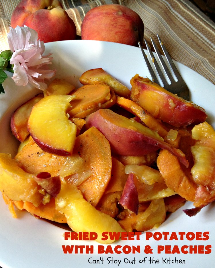 Fried Sweet Potatoes with Bacon and Peaches | Can't Stay Out of the Kitchen | this is a fantastic way to serve #SweetPotatoes for #breakfast! But it's also a great side dish. Of course, everything's always better with #bacon! #peaches #EasySideDish #GlutenFree #FriedSweetPotatoesWithBaconAndPeaches #5IngredientSideDish #5IngredientRecipe