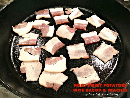 Fried Sweet Potatoes with Bacon and Peaches | Can't Stay Out of the Kitchen | this is a fantastic way to serve #SweetPotatoes for #breakfast! But it's also a great side dish. Of course, everything's always better with #bacon! #peaches #EasySideDish #GlutenFree #FriedSweetPotatoesWithBaconAndPeaches #5IngredientSideDish #5IngredientRecipe