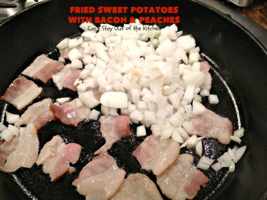 Fried Sweet Potatoes with Bacon and Peaches | Can't Stay Out of the Kitchen | this is a fantastic way to serve #SweetPotatoes for #breakfast! But it's also a great side dish. Of course, everything's always better with #bacon! #peaches #EasySideDish #GlutenFree #FriedSweetPotatoesWithBaconAndPeaches #5IngredientSideDish #5IngredientRecipe