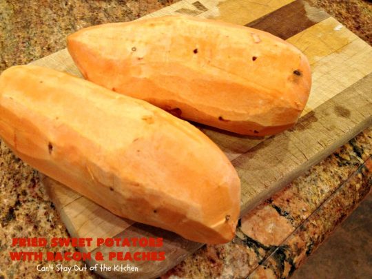 Fried Sweet Potatoes with Bacon and Peaches | Can't Stay Out of the Kitchen | this is a fantastic way to serve #SweetPotatoes for #breakfast! But it's also a great side dish. Of course, everything's always better with #bacon! #peaches #EasySideDish #GlutenFree #FriedSweetPotatoesWithBaconAndPeaches #5IngredientSideDish #5IngredientRecipe