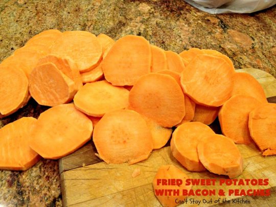 Fried Sweet Potatoes with Bacon and Peaches | Can't Stay Out of the Kitchen | this is a fantastic way to serve #SweetPotatoes for #breakfast! But it's also a great side dish. Of course, everything's always better with #bacon! #peaches #EasySideDish #GlutenFree #FriedSweetPotatoesWithBaconAndPeaches #5IngredientSideDish #5IngredientRecipe