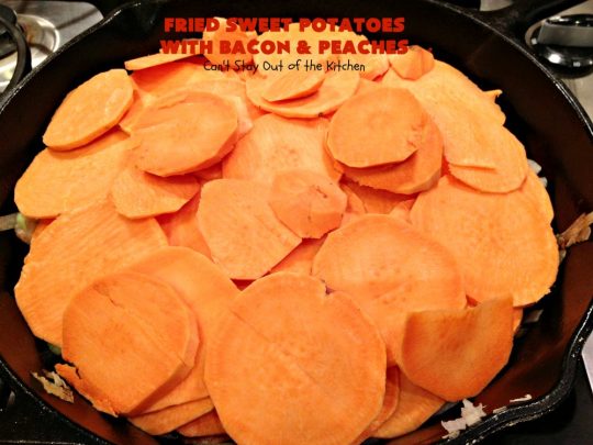Fried Sweet Potatoes with Bacon and Peaches | Can't Stay Out of the Kitchen | this is a fantastic way to serve #SweetPotatoes for #breakfast! But it's also a great side dish. Of course, everything's always better with #bacon! #peaches #EasySideDish #GlutenFree #FriedSweetPotatoesWithBaconAndPeaches #5IngredientSideDish #5IngredientRecipe