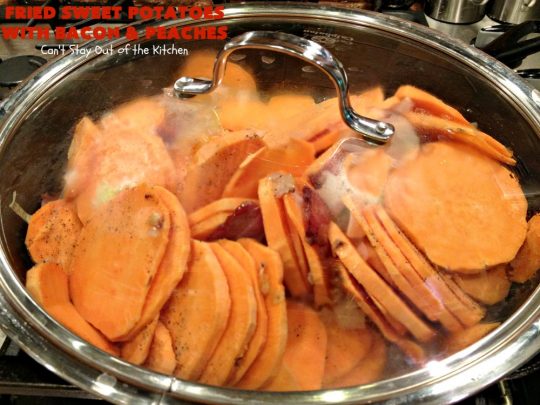 Fried Sweet Potatoes with Bacon and Peaches | Can't Stay Out of the Kitchen | this is a fantastic way to serve #SweetPotatoes for #breakfast! But it's also a great side dish. Of course, everything's always better with #bacon! #peaches #EasySideDish #GlutenFree #FriedSweetPotatoesWithBaconAndPeaches #5IngredientSideDish #5IngredientRecipe
