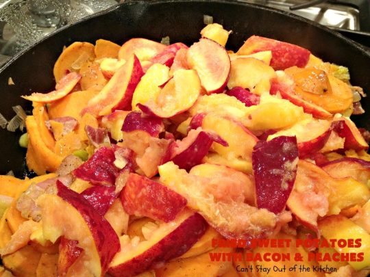 Fried Sweet Potatoes with Bacon and Peaches | Can't Stay Out of the Kitchen | this is a fantastic way to serve #SweetPotatoes for #breakfast! But it's also a great side dish. Of course, everything's always better with #bacon! #peaches #EasySideDish #GlutenFree #FriedSweetPotatoesWithBaconAndPeaches #5IngredientSideDish #5IngredientRecipe