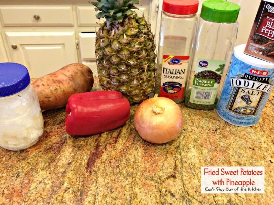 Fried Sweet Potatoes with Pineapple | Can't Stay Out of the Kitchen | sweet, savory and delicious way to prepare #sweetpotatoes. Great for #breakfast or as a #sidedish. #glutenfree #vegan