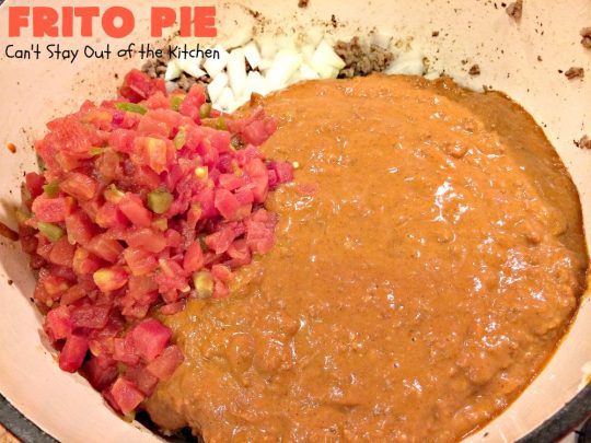 Frito Pie | Can't Stay Out of the Kitchen | this easy 6-ingredient #recipe is absolutely terrific. The casserole has #TexMex flavors with layers of #beef mixed with #chili, #Fritos & lots of #cheese. #glutenfree #CincoDeMayo