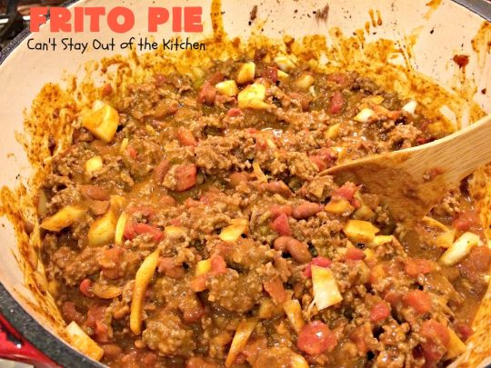 Frito Pie | Can't Stay Out of the Kitchen | this easy 6-ingredient #recipe is absolutely terrific. The casserole has #TexMex flavors with layers of #beef mixed with #chili, #Fritos & lots of #cheese. #glutenfree #CincoDeMayo