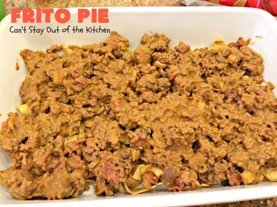 Frito Pie | Can't Stay Out of the Kitchen | this easy 6-ingredient #recipe is absolutely terrific. The casserole has #TexMex flavors with layers of #beef mixed with #chili, #Fritos & lots of #cheese. #glutenfree #CincoDeMayo