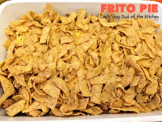 Frito Pie | Can't Stay Out of the Kitchen | this easy 6-ingredient #recipe is absolutely terrific. The casserole has #TexMex flavors with layers of #beef mixed with #chili, #Fritos & lots of #cheese. #glutenfree #CincoDeMayo