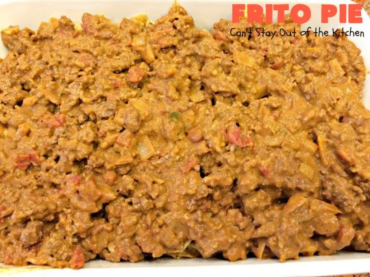 Frito Pie | Can't Stay Out of the Kitchen | this easy 6-ingredient #recipe is absolutely terrific. The casserole has #TexMex flavors with layers of #beef mixed with #chili, #Fritos & lots of #cheese. #glutenfree #CincoDeMayo