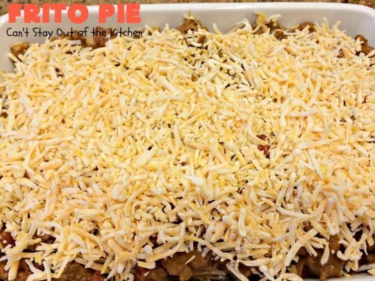 Frito Pie | Can't Stay Out of the Kitchen | this easy 6-ingredient #recipe is absolutely terrific. The casserole has #TexMex flavors with layers of #beef mixed with #chili, #Fritos & lots of #cheese. #glutenfree #CincoDeMayo