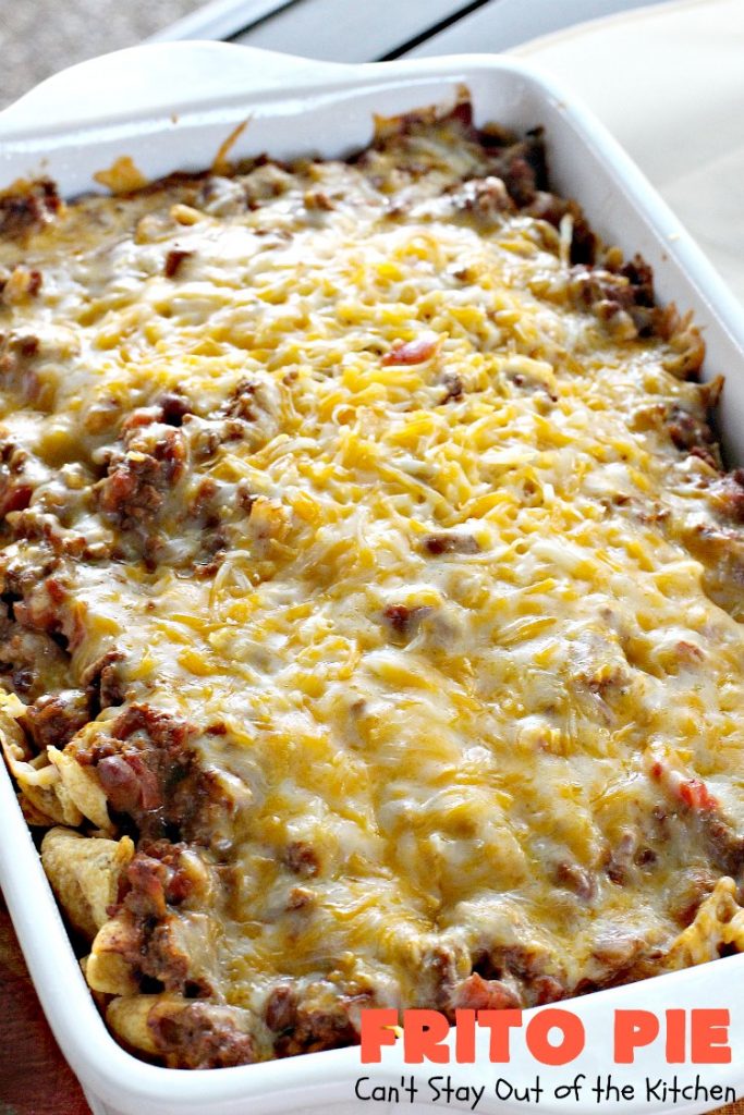 Frito Pie | Can't Stay Out of the Kitchen | this easy 6-ingredient #recipe is absolutely terrific. The casserole has #TexMex flavors with layers of #beef mixed with #chili, #Fritos & lots of #cheese. #glutenfree #CincoDeMayo