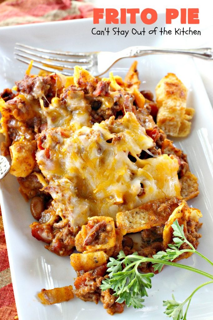 Frito Pie | Can't Stay Out of the Kitchen | this easy 6-ingredient #recipe is absolutely terrific. The casserole has #TexMex flavors with layers of #beef mixed with #chili, #Fritos & lots of #cheese. #glutenfree #CincoDeMayo