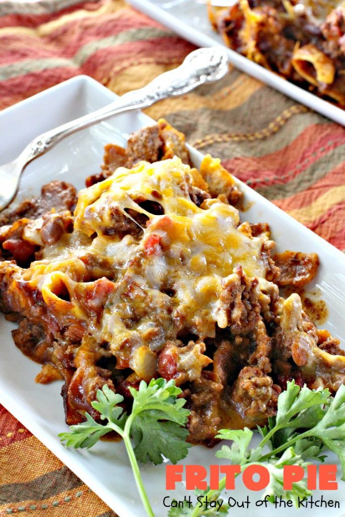 Frito Pie | Can't Stay Out of the Kitchen | this easy 6-ingredient #recipe is absolutely terrific. The casserole has #TexMex flavors with layers of #beef mixed with #chili, #Fritos & lots of #cheese. #glutenfree #CincoDeMayo
