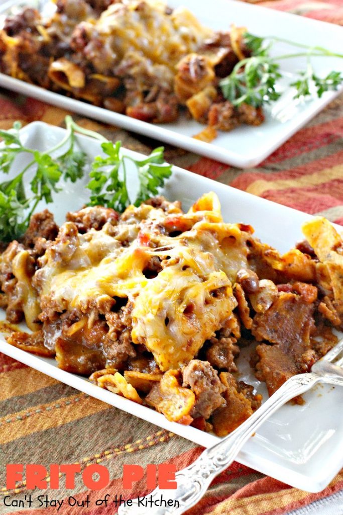 Frito Pie | Can't Stay Out of the Kitchen | this easy 6-ingredient #recipe is absolutely terrific. The casserole has #TexMex flavors with layers of #beef mixed with #chili, #Fritos & lots of #cheese. #glutenfree #CincoDeMayo